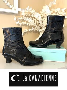 La Canadienne Crinkle Patent Victorian Bootie Kitten Heel Waterproof Size 7 EUC